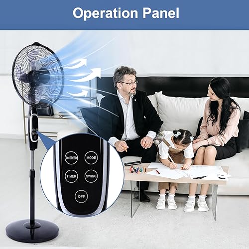 Miniatura 5 de Simple Deluxe Ventilador avanzado de 16 pulgadas con control remoto, altura ajustable, 3 velocidades, oscilación de 45 grados y temporizador para