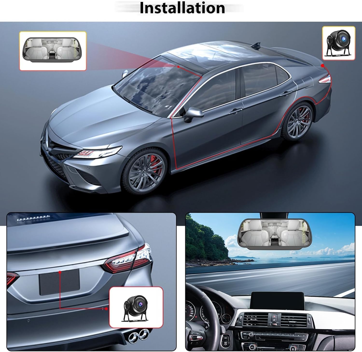 CAMECHO Pantalla Táctil HD de 7'' Cámara de Marcha Atrás con Visión Nocturna Color 1080P y Monitor, Cámara de Reversa para Coche con IP66 Gran Angular 105° para Camión Furgoneta 12-24V