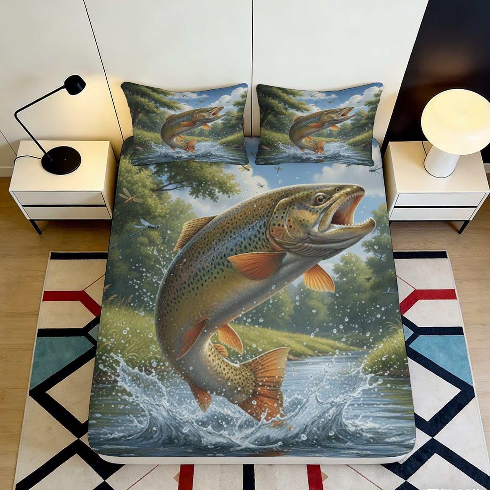 3D Printed Jumping Trout Fitted Sheet Microfiber Soft Breathable River Landscape Mattress Cover Bedroom Decor 90x200x25cm