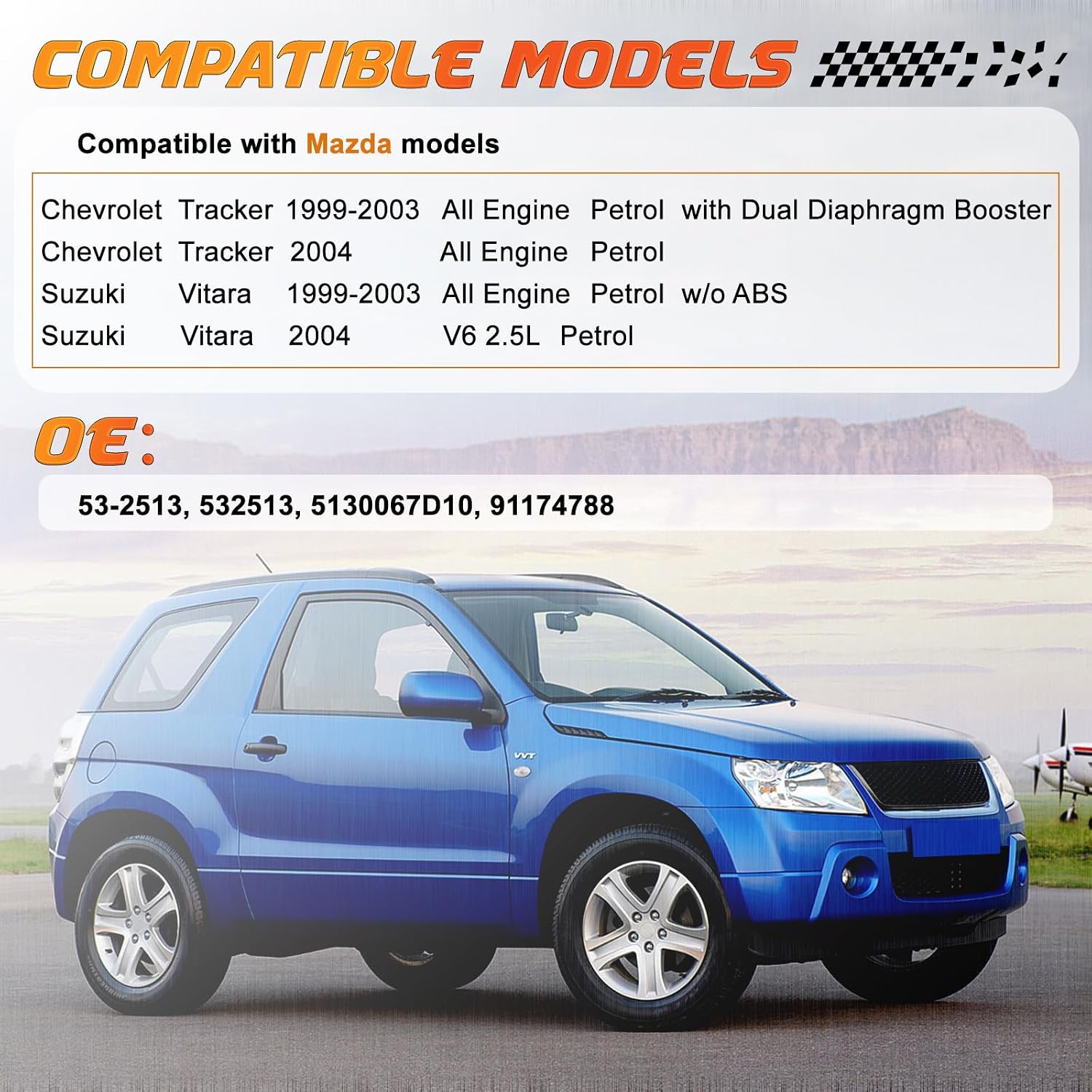 53-2513 Vacuum Power Brake Booster Without Master Cylinder Compatible with Chevrolet Tracker Suzuki Vitara 1999-2004 Petrol, Replace OE 532513, 5130067D10, 91174788