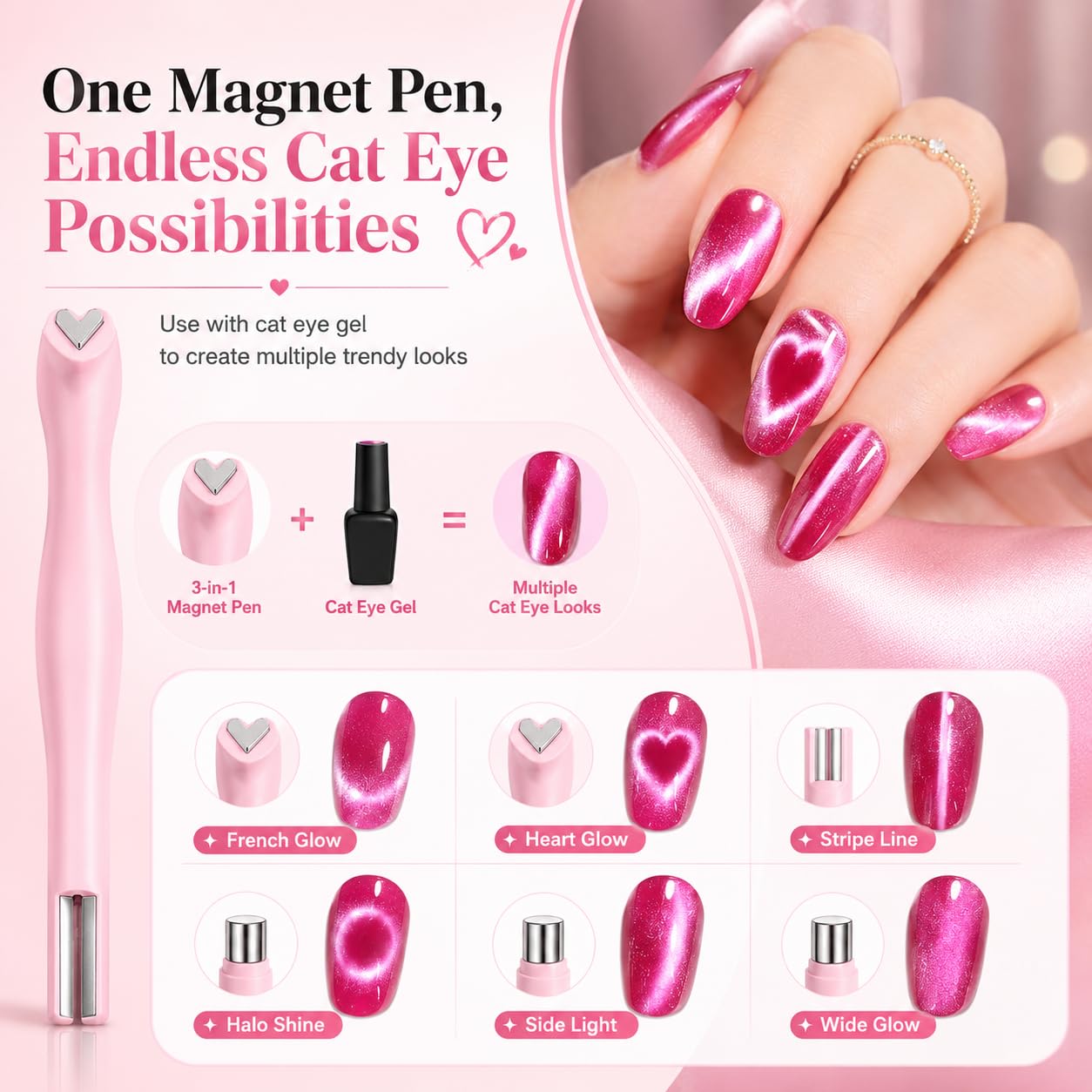 3-in-1 Cat Eye Magnet for Nails, Versatile Nail Art Magnet Tool for Cat Eye Gel Polish, Heart Shape & Round Effects for Home and Salon