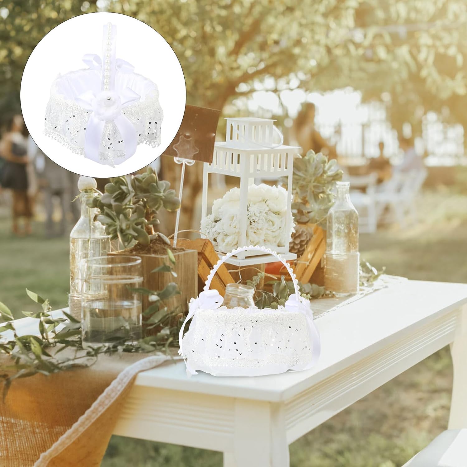 White Lace Flower Girl Basket 18x18x19cm, Wedding Ceremony Decor Basket with Romantic Lace for Banquet and Flower Petal Storage