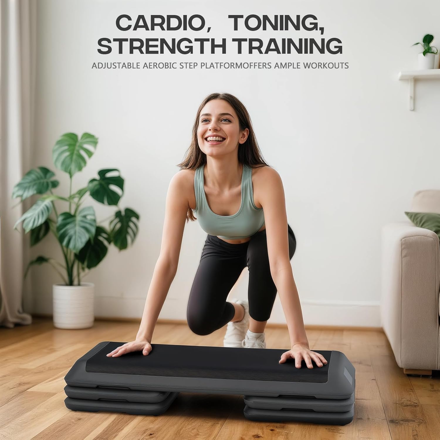 43" Aerobic Exercise Step Platform, Step Up Exercise Platform with 4" 6" 8" Adjustable Risers, Stair Stepper Workout Stepper for Home Gym Strength Training Fitness Equipment