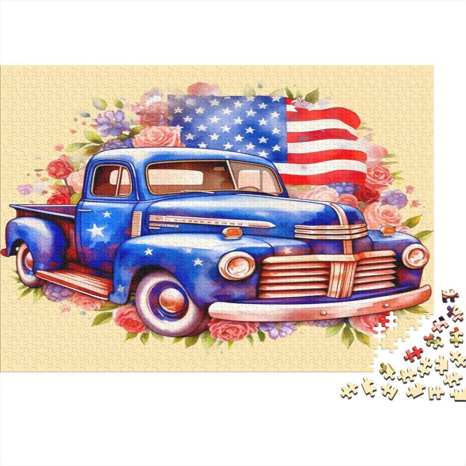 Vintage Blue Pickup Truck 1000 Piece Jigsaw Puzzle Paper for Adults American Country Style Relaxation Home Gift 38x26cm/1000pcs