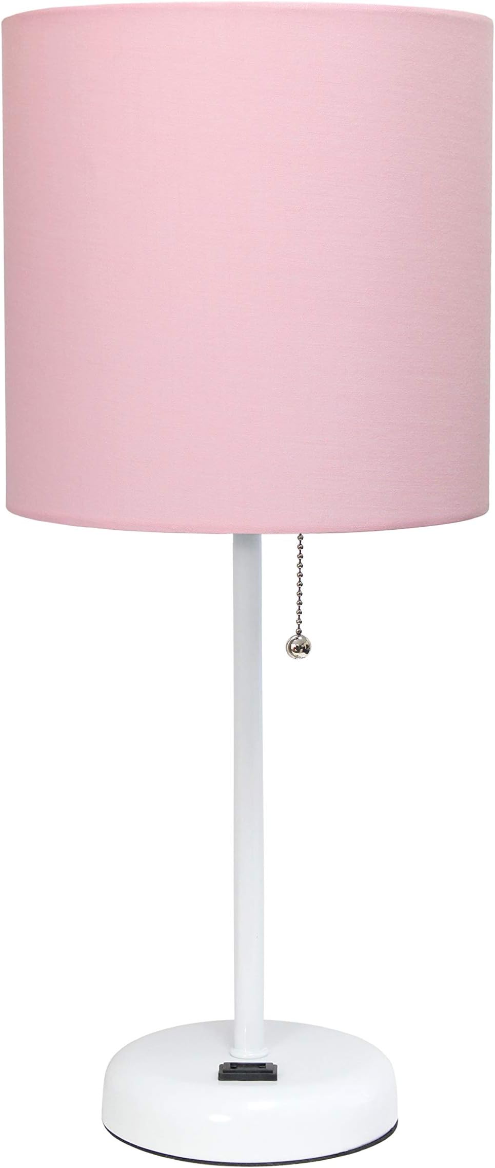 Simple Designs LT2024-POW White Stick Table Desk Lamp with Charging Outlet and Drum Fabric Shade, Light Pink