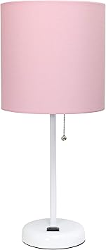 Simple Designs LT2024-POW White Stick Table Desk Lamp with Charging Outlet and Drum Fabric Shade, Light Pink