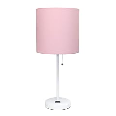 Simple Designs LT2024-POW White Stick Table Desk Lamp with Charging Outlet and Drum Fabric Shade Light Pink