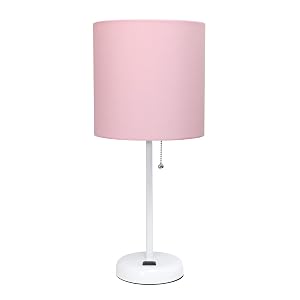 Simple Designs LT2024-POW White Stick Table Desk Lamp with Charging Outlet and Drum Fabric Shade Light Pink