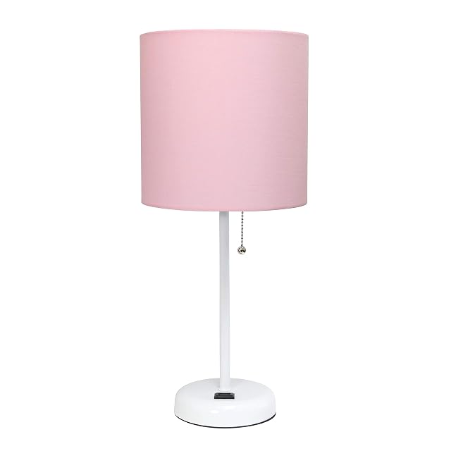 Simple Designs LT2024-POW White Stick Table Desk Lamp with Charging Outlet and Drum Fabric Shade Light Pink