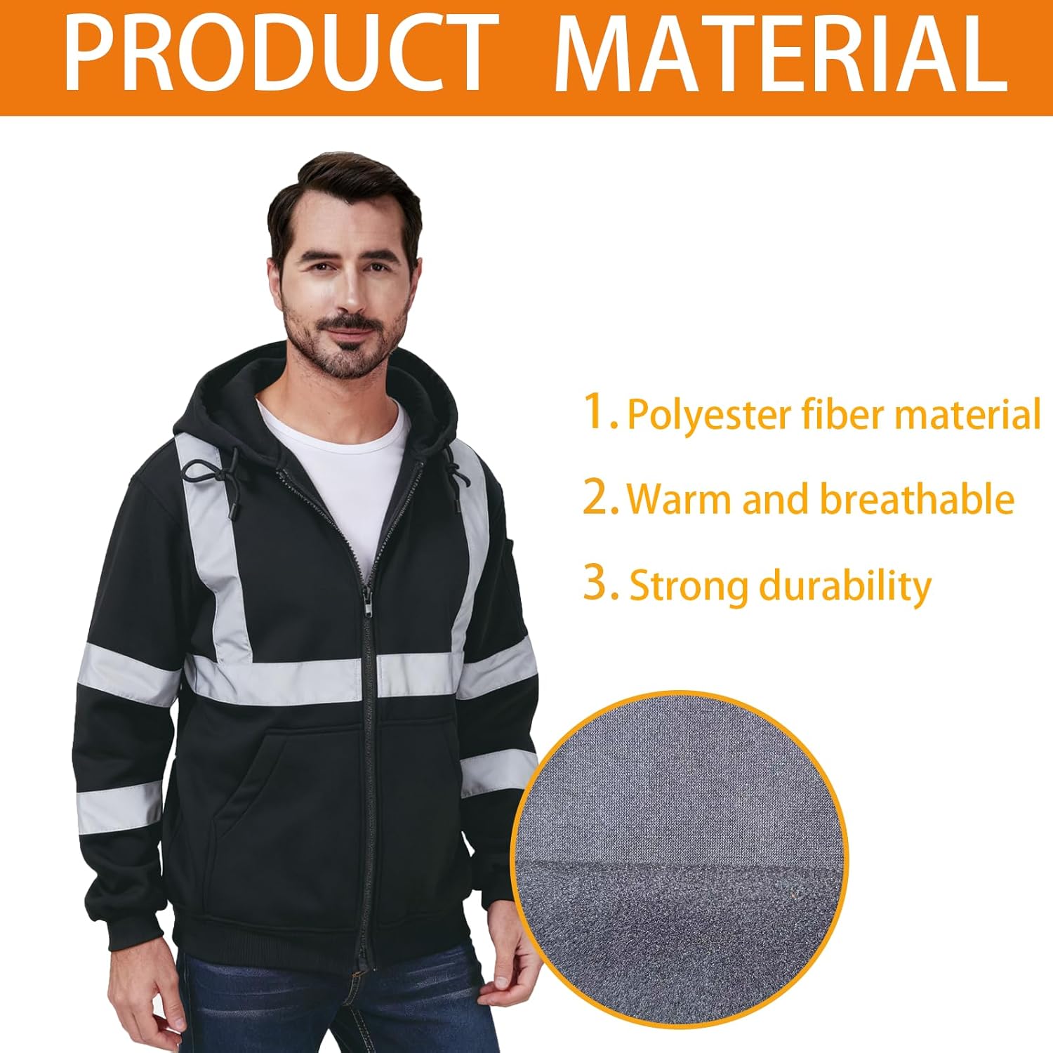 High Visibility Safety Hoodie, Reflective Workwear Sweatshirt, Warm Breathable Work Jacket for Men, Zip-Up - Image 2