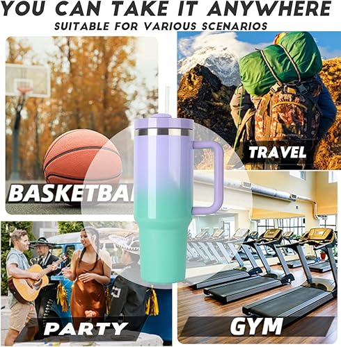 Miniatura 6 de Vaso aislado al vacío 2.0 reutilizable de 40 onzas con asa, con tapa y pajillas, mantiene el calor frío y el hielo durante horas (verde maronda)