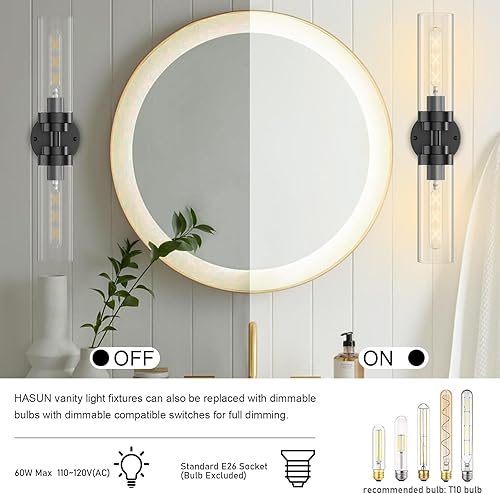 Miniatura 3 de Lámparas de baño negras con vidrio transparente, 2 lámparas de pared modernas para espejo, iluminación de pared para sala de estar, dormitorio,