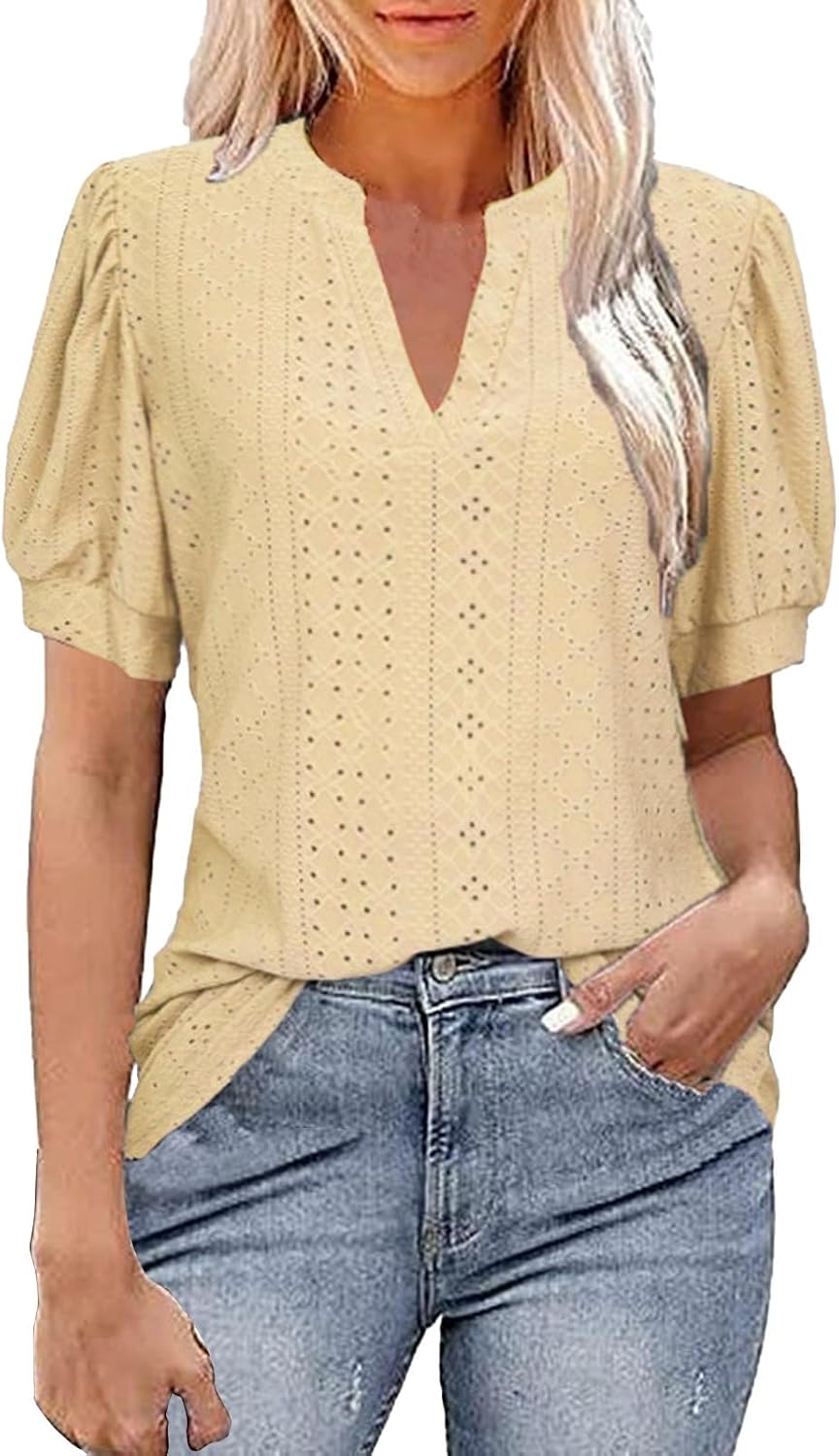 Blouses for Women Dressy Casual Petal Short Sleeve Business Work Tops Ladies Lace V Neck Summer Trendy Shirts