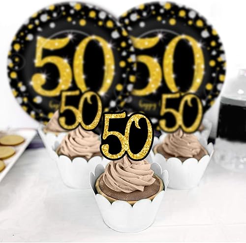 Miniatura 7 de Happy 50th Birthday Decorations For Men - Black & Gold Fifty Birthday Party Supplies, Backdrop, Banner, Swirl, Photo Prop, Crown, Plate, Napkin,