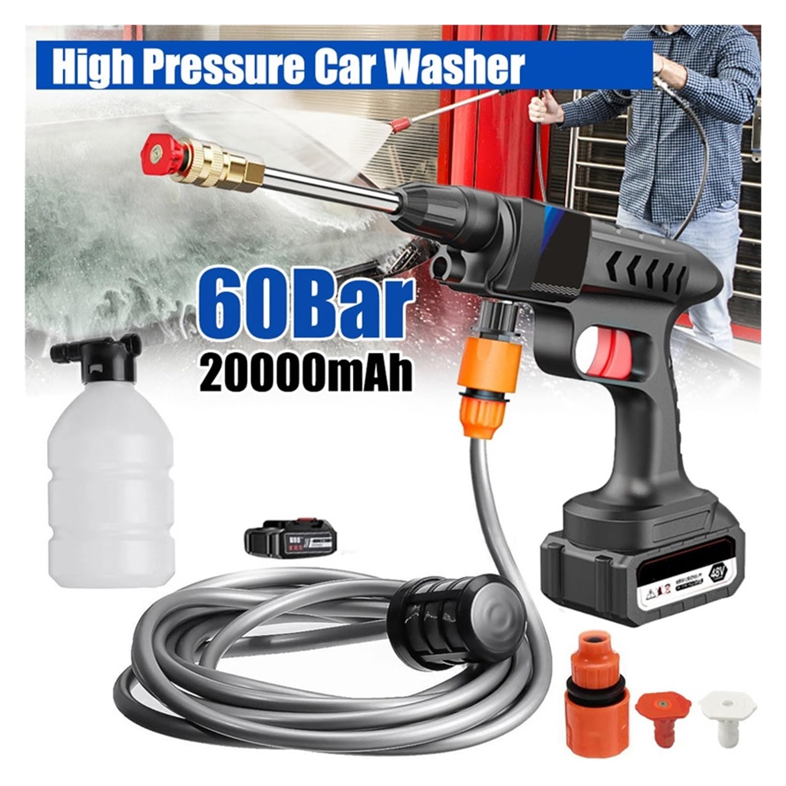 Boquilla De Pulverización Inalámbrica For Lavadoras Coches, Pistola Limpiadora Alta Presión, 20000mAh, 60bar, 6-10M, Máquinas Lavado A Chorro con Batería Litio Limpieza Potente