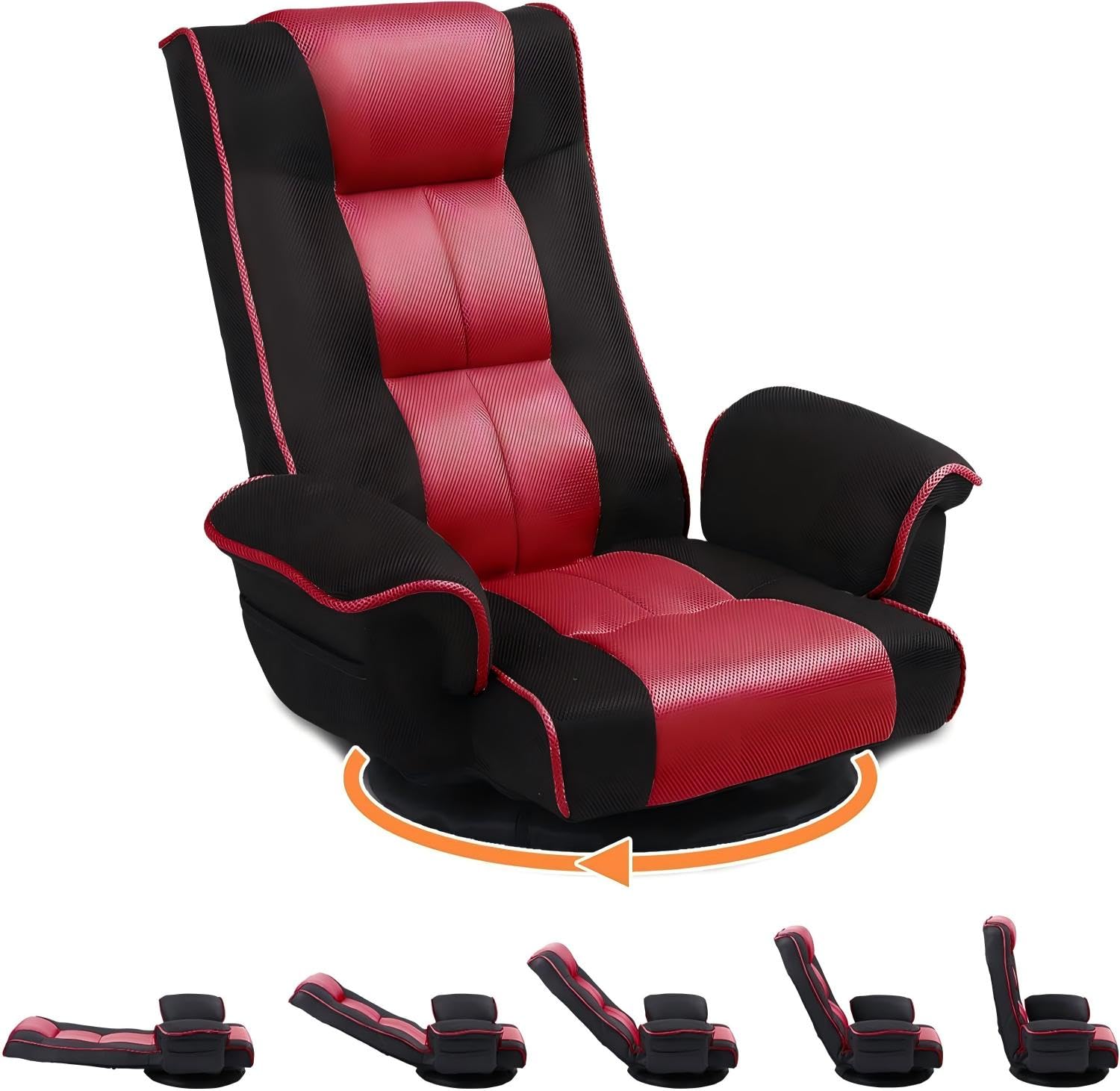 Swivel Floor Chair for Adults, 14-Position Adjustable Floor Gaming Chair with Back Support &amp; Armrests, Foldable Lazy Sofa Lounge, Breathable Mesh for Gaming Reading Meditation (Black/Red)