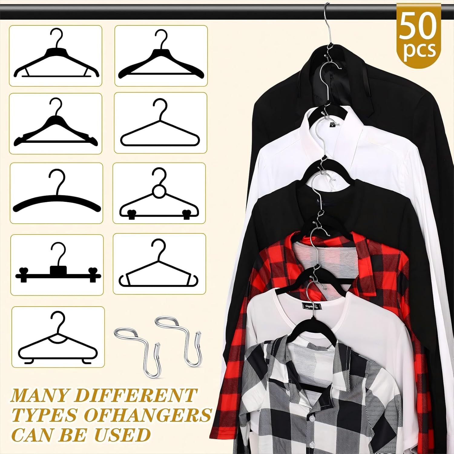 Sratte 50 Pieces Clothes Hanger Connector Hooks, Metal Clips Extender Hooks for Velvet Hangers Closet Space Saving(Silver,50 Pieces)