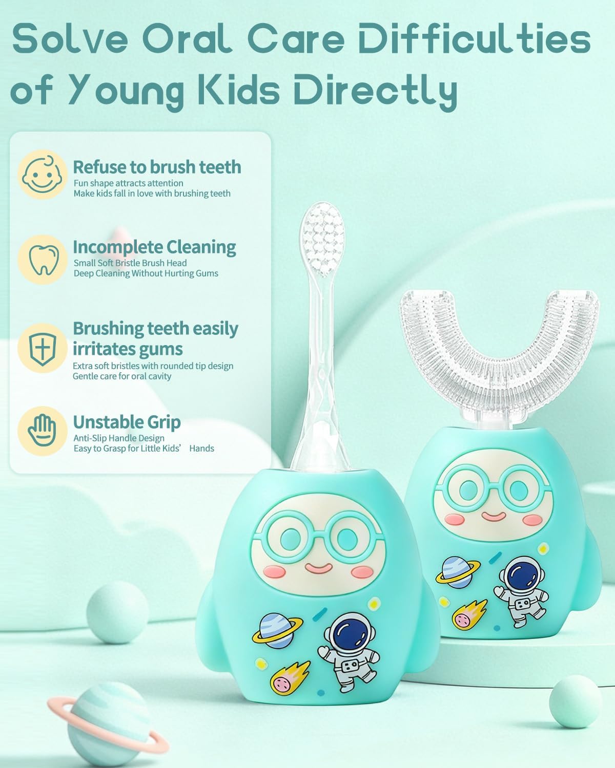 Kids U Shaped Electric Toothbrush, 360 Degree Full Mouth Sonic Toothbrush with 4 Brush Heads, IPX7 Waterproof 3 Modes Cleaning Cartoon Design (2-12 Age, Green)