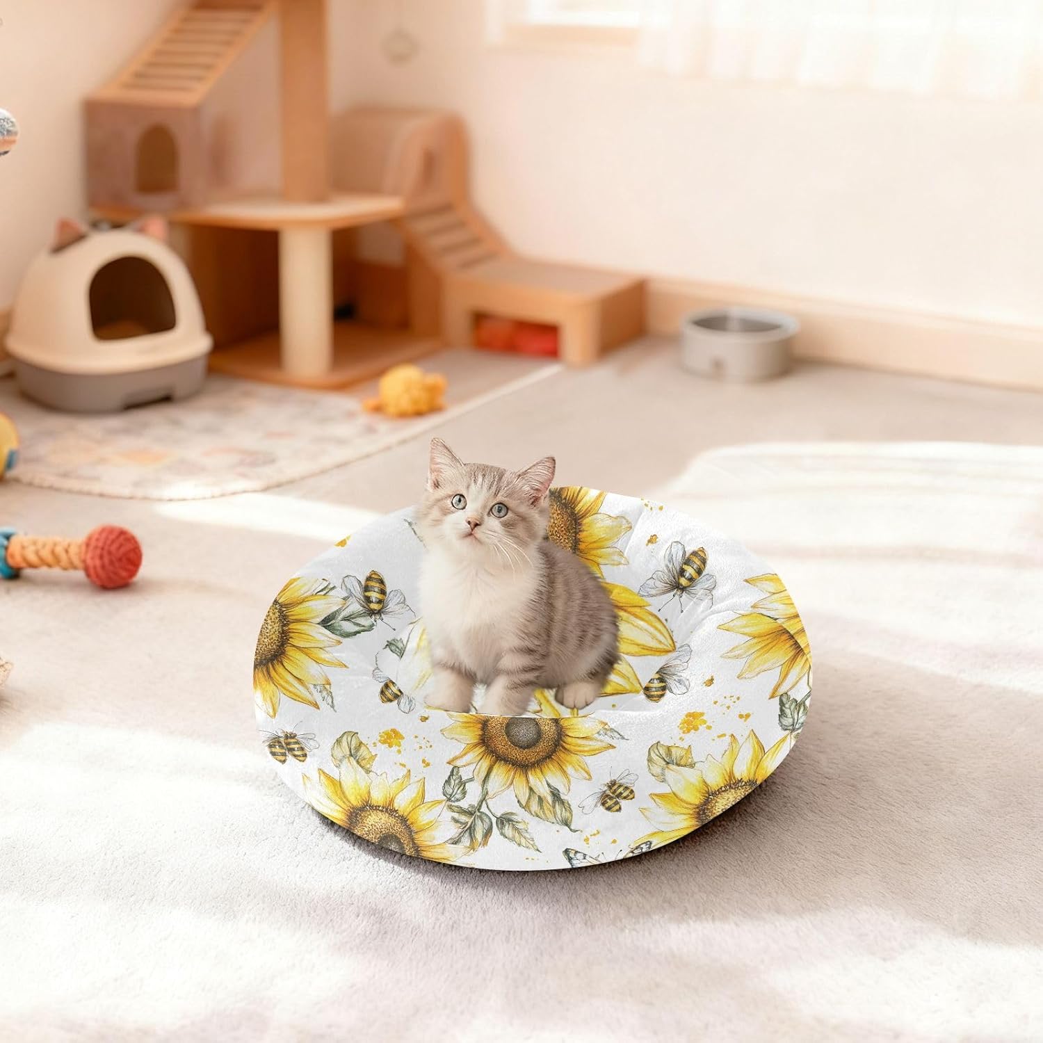 Pet Dog Beds Calming Anti Anxiety Fluffy Cat Pillow Bed for Medium Size Pets Supplies M Unique Sunflower White