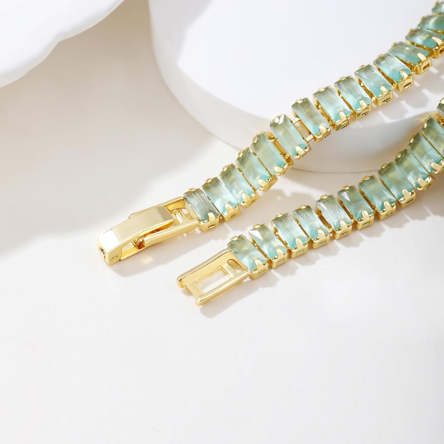 Elegant Quartz Cat's Eye Stone 18K Gold-Plated Tennis Bracelet for Women | Classic 6.0in-8.0in Multi-Size Mint Green Tennis Bracelet