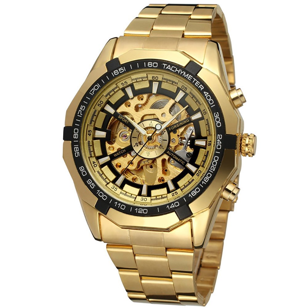GuTe Reloj de pulsera mecánico automático, dial con diseño de X y mecanismo visible, color dorado y negro