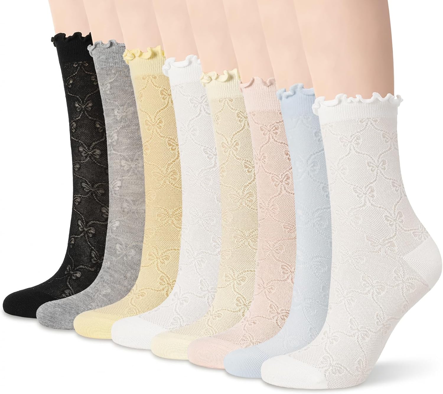 Women's Sheer Ruffle Socks, 8 Pairs Summer Lace Mesh Socks Cute Frilly Sock with Bow Butterfly Polka Dots