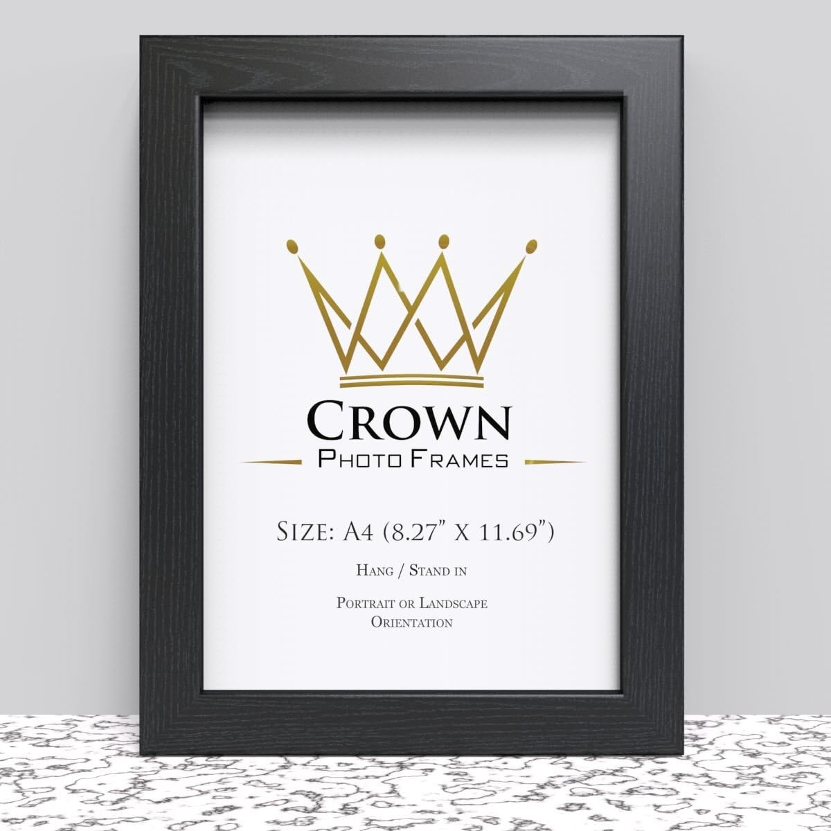 Crown Black Photo Frame for A4 21 x 29.7 cm (8.27x11.69 Inches) Picture Photo Poster Certificate, Stand or Hang on wall in both Landscape and Portrait