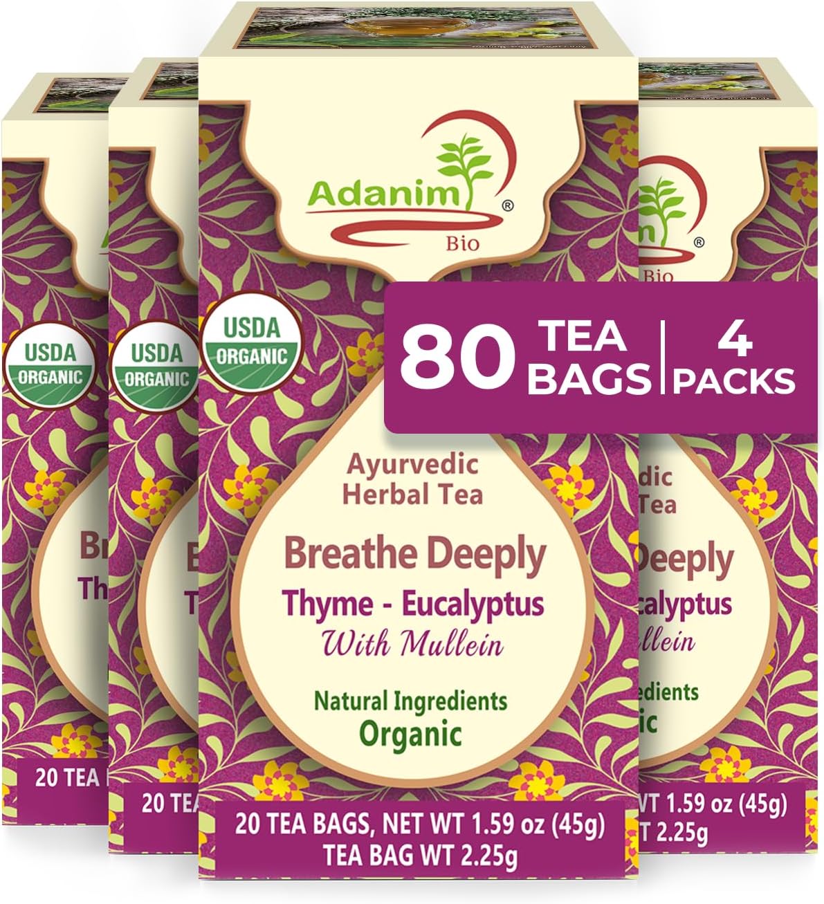 Adanim Bio Ayurvedic Herbal Tea Breathe Deeply Thyme Eucalyptus Mullein Tea USDA Organic Naturally Caffeine-Free Antioxidant Rich Healthy Herbal Tea Wellness 80 Tea Bags