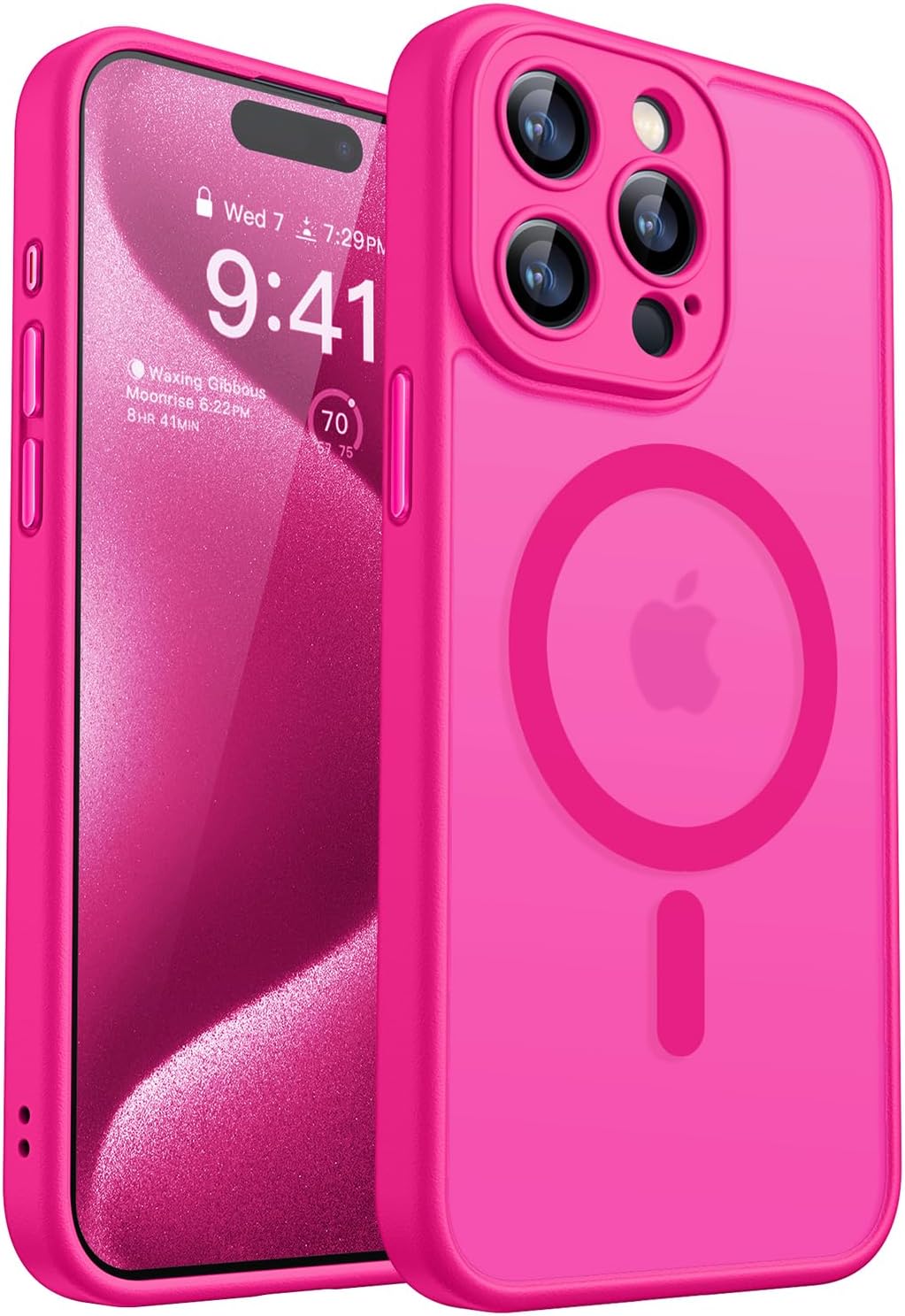 CANSHN Magnetic Compatible with iPhone 15 Pro Max Case, Upgraded [Full Camera Protection] [Compatible with Magsafe] [Translucent Matte] Shockproof Protective Phone Case Cover 6.7 Inch – Hot Pink