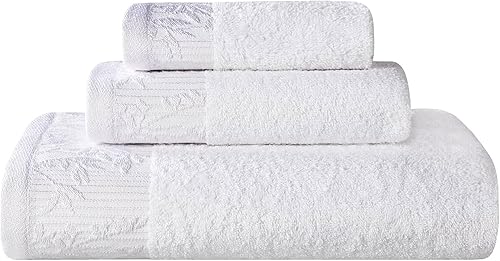 Superior Juego de toallas de algodón de 3 piezas, borde Dobby jacquard floral, secado rápido, baño decorativo, spa, ducha, bañera, incluye 1 baño, 1