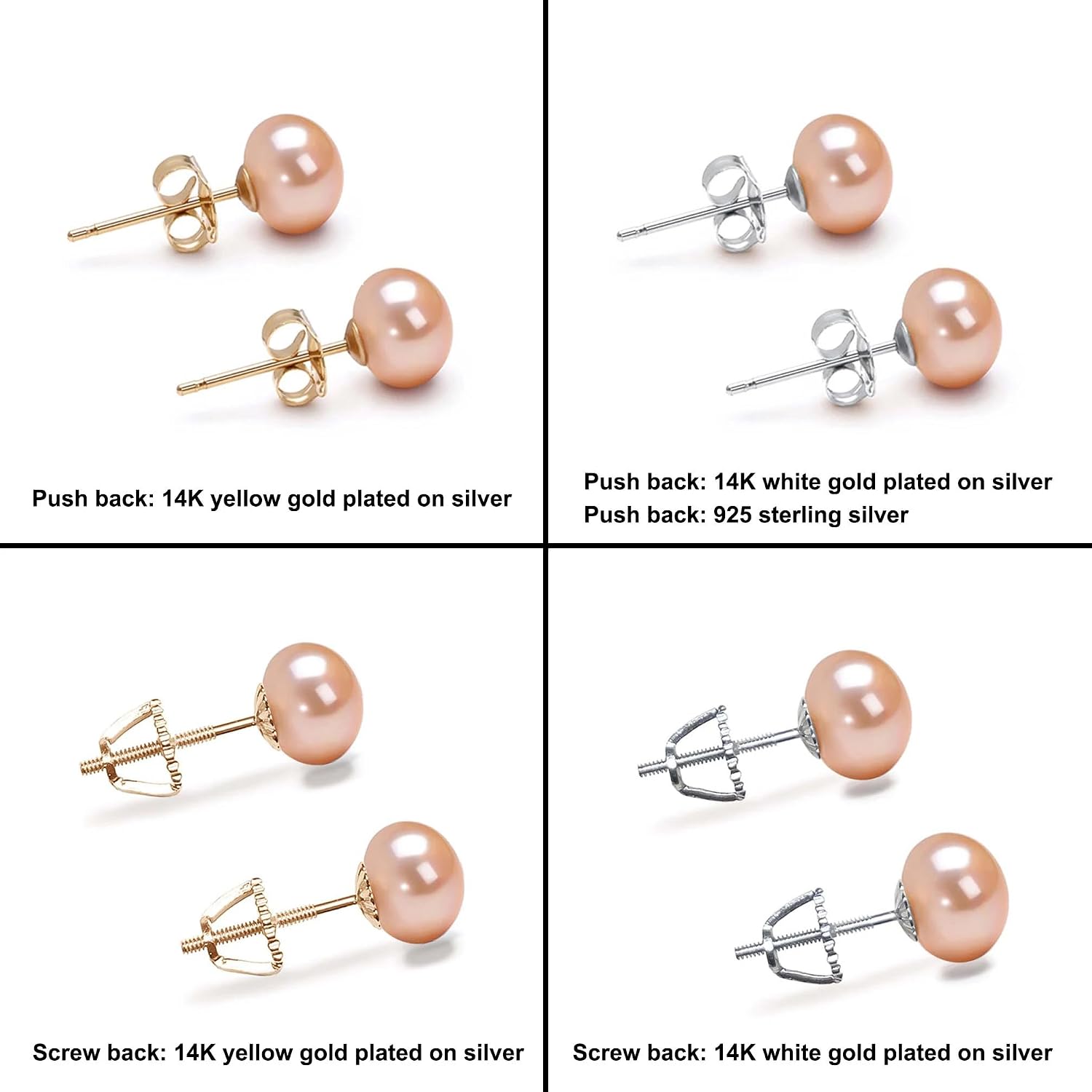AA Grade 6-10mm Pink Freshwater Cultured Pearl Stud Earrings, Sterling Silver Earring Studs, Natural Color Near Round, Gift Box and Certificate