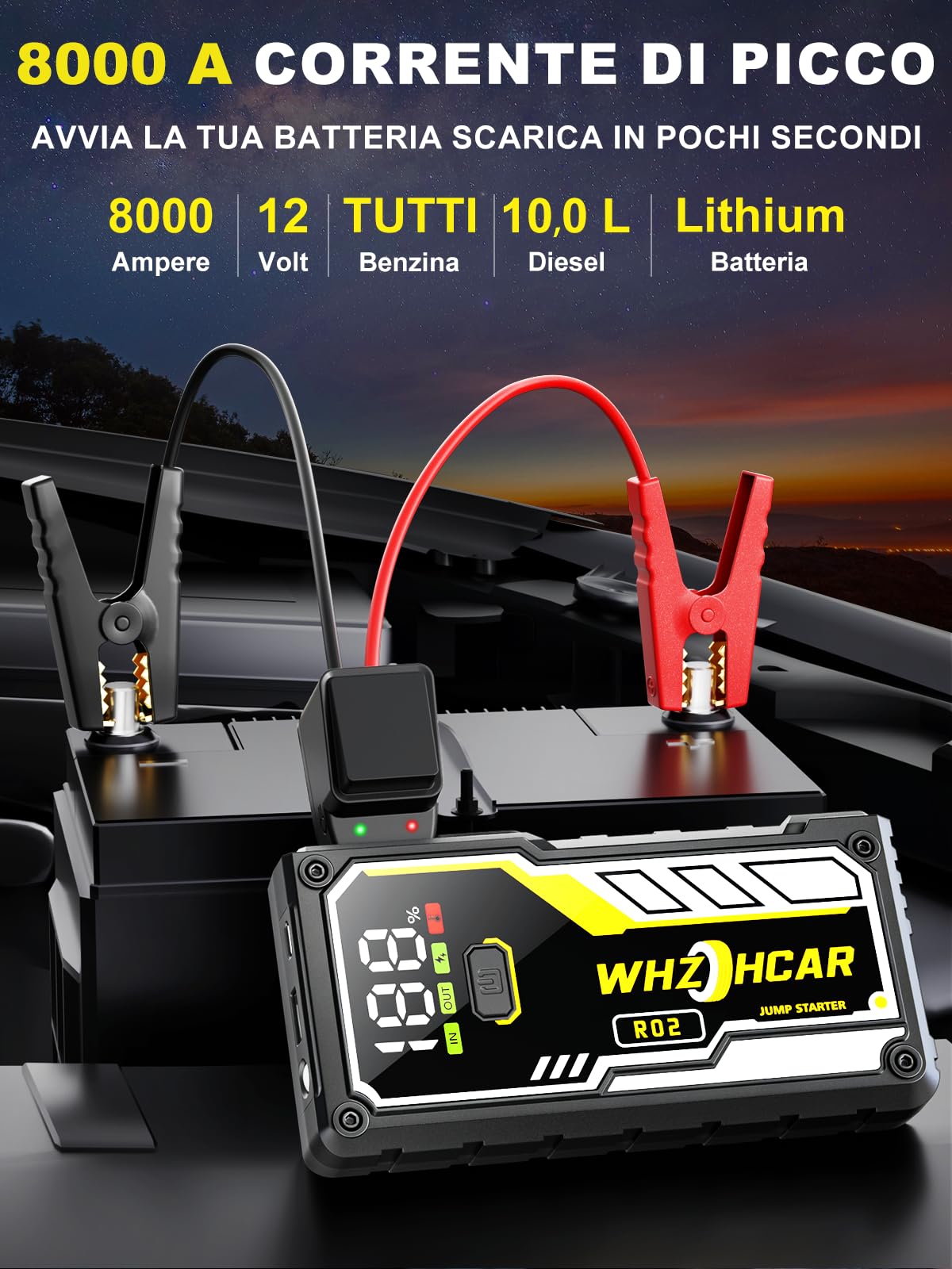 Avviatore Batteria Auto 8000A 12V Booster Avviamento Auto Avviatore Emergenza fino a Tutti Gas/10.0L Diesel Ricarica USB RapidaLED,LCD Display