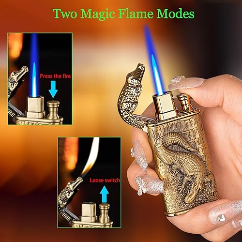 Miniatura 3 de Encendedor de antorcha, encendedor mágico de cocodrilo de doble llama con herramienta de llama ajustable, encendedor creativo a prueba de viento,