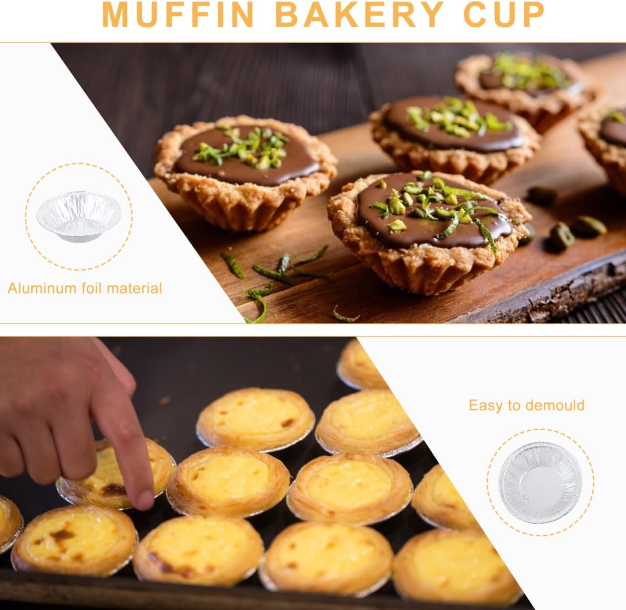 500 pcs Disposable Aluminum Foil Egg Tart Molds 2.95 in Round Baking Cups for Cupcakes Muffins Mini Pies and Desserts Non-Stick Single-Use