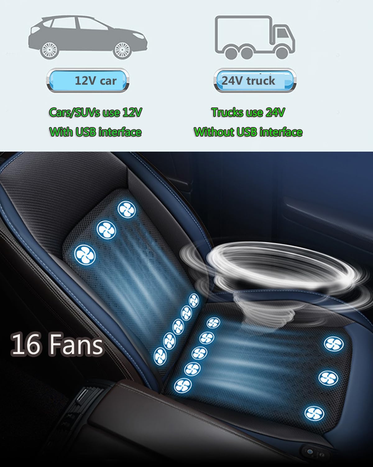 Coprisedile Auto Ventilato, Coprisedile Anteriore Auto Raffreddante con Massaggio, Traspirante E Confortevole, Cuscino del Sedile Ventilato con 16 Ventole per Auto SUV Camion Car Black