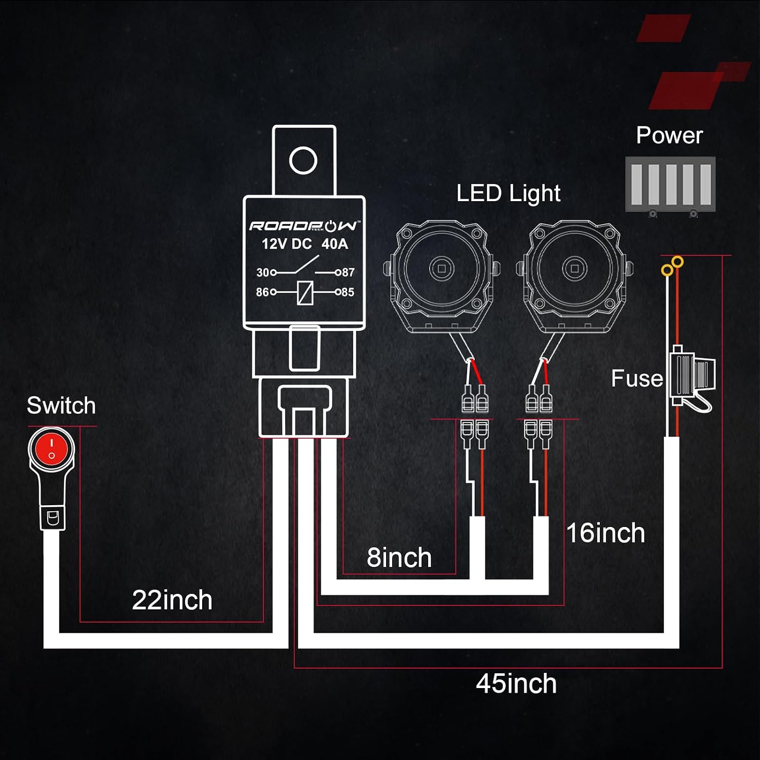 OFFROADTOWN 2 Leads LED Light Bars Wiring Harness Kit w/Motorcycle Handlebar Switch 7/8" 12V 40A Relay Fuse Nylon Wire Harness for ATV Dirt Bike Scooters Motorcycle Lights