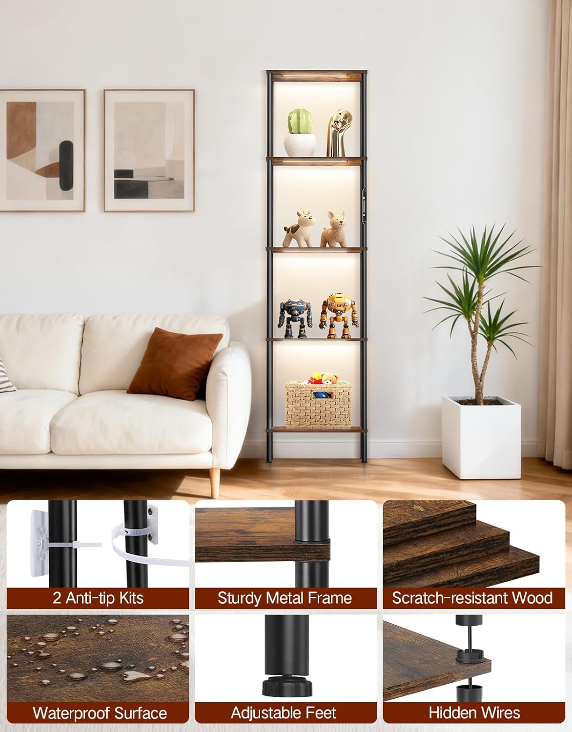 5 Tier Tall Display Shelves with LED Lights, Touch & Remote Control, Dimmable Display Cabinet, Open Bookshelf with 3 Color Temperature, Timer for Living Room, Bedroom, Home Decor