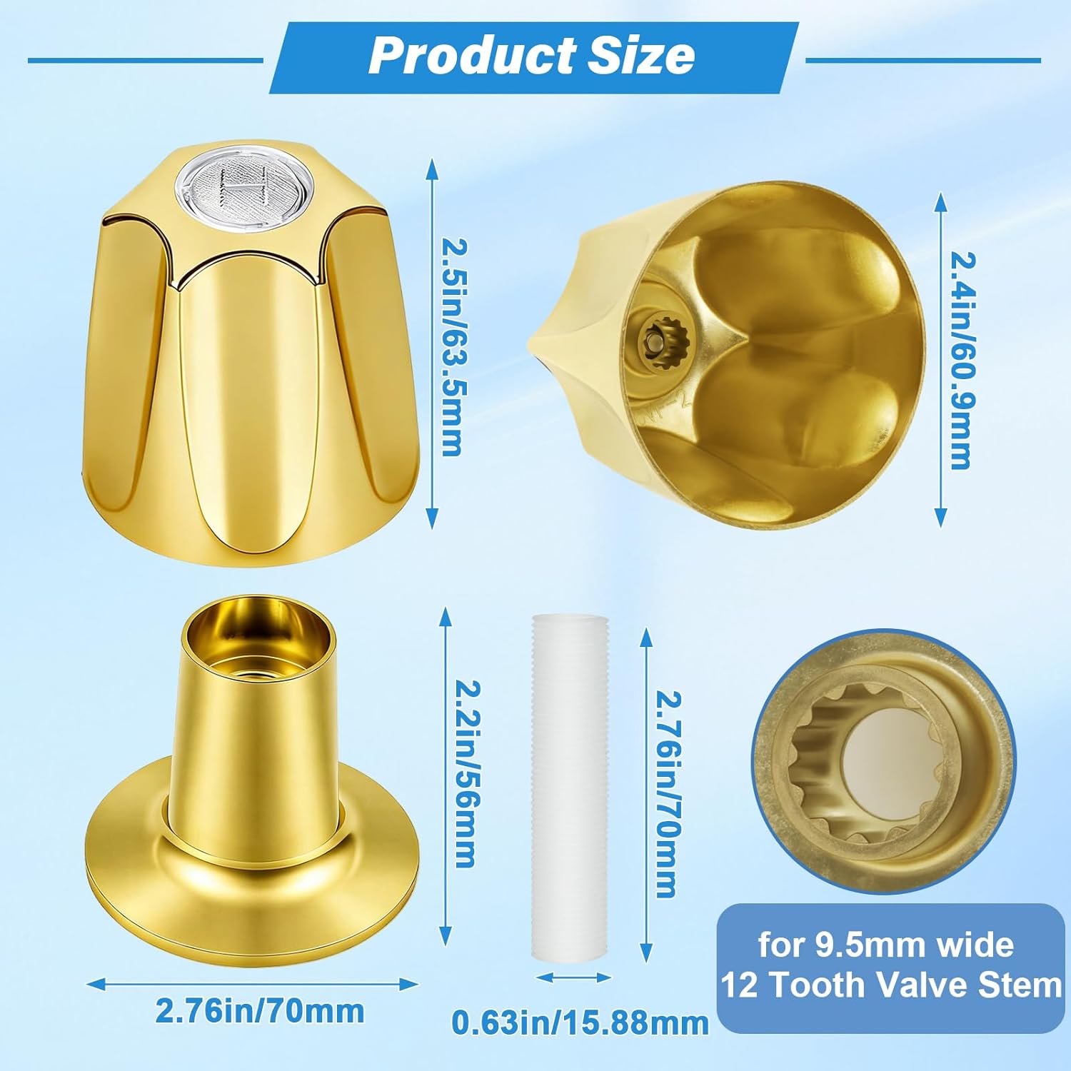 Metal Golden Shower Knobs 3 Piece Replacement Compatible with Price/Pfister Verve Shower Faucet Handle, 12 Tooth Hot and Cold Shower Knobs Trim Kit, Height 2.35 in Width 2.35 in (Polished Gold)