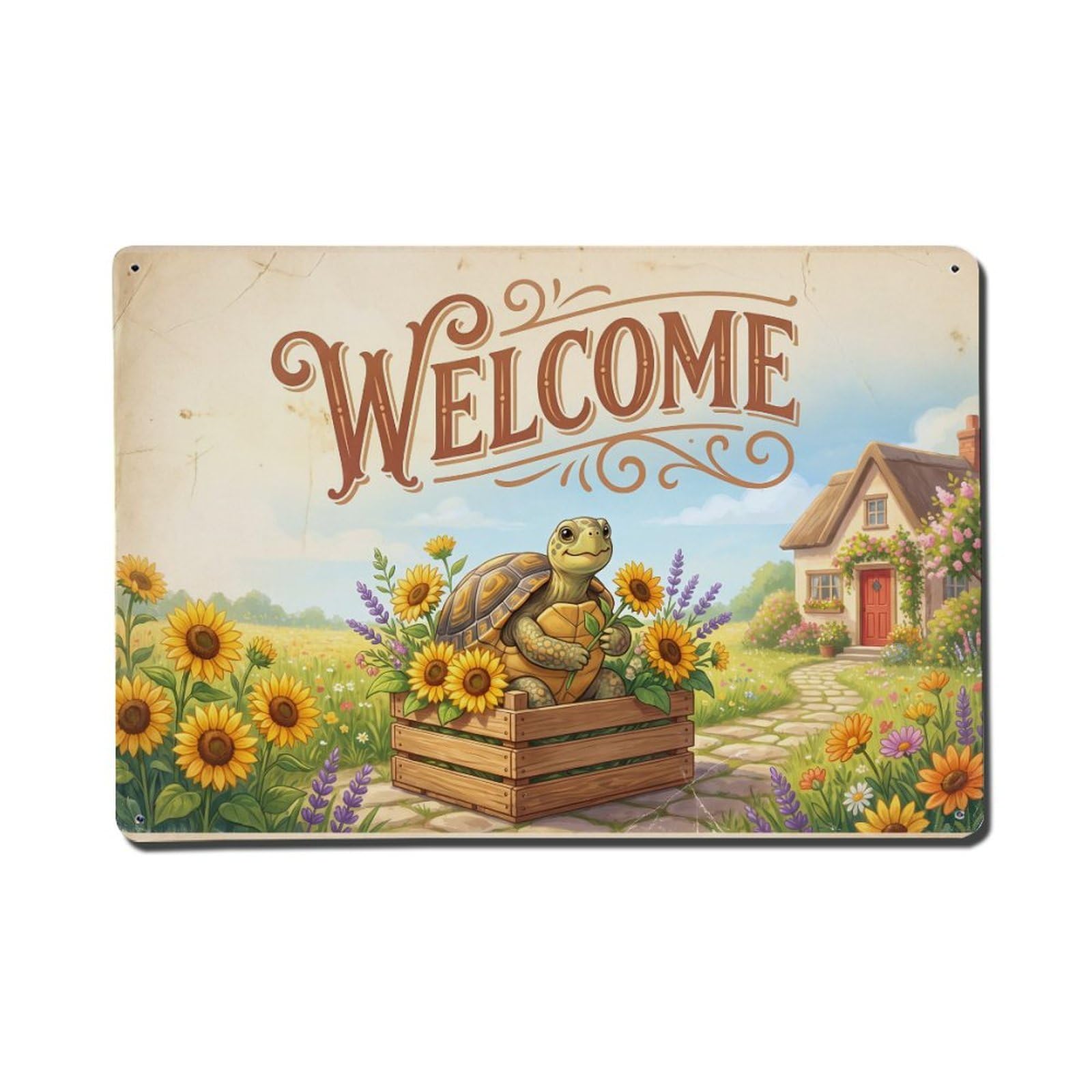 Vintage Welcome Turtle Harvest Time Metal Tin Sign
