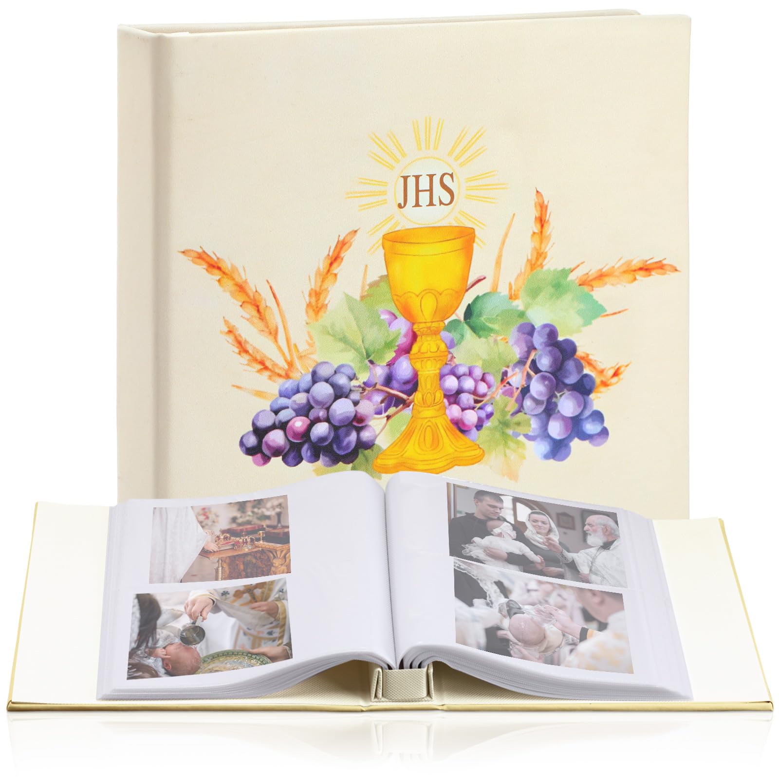 Álbum de fotos de comunión en cuero premium con grabado litúrgico de cáliz