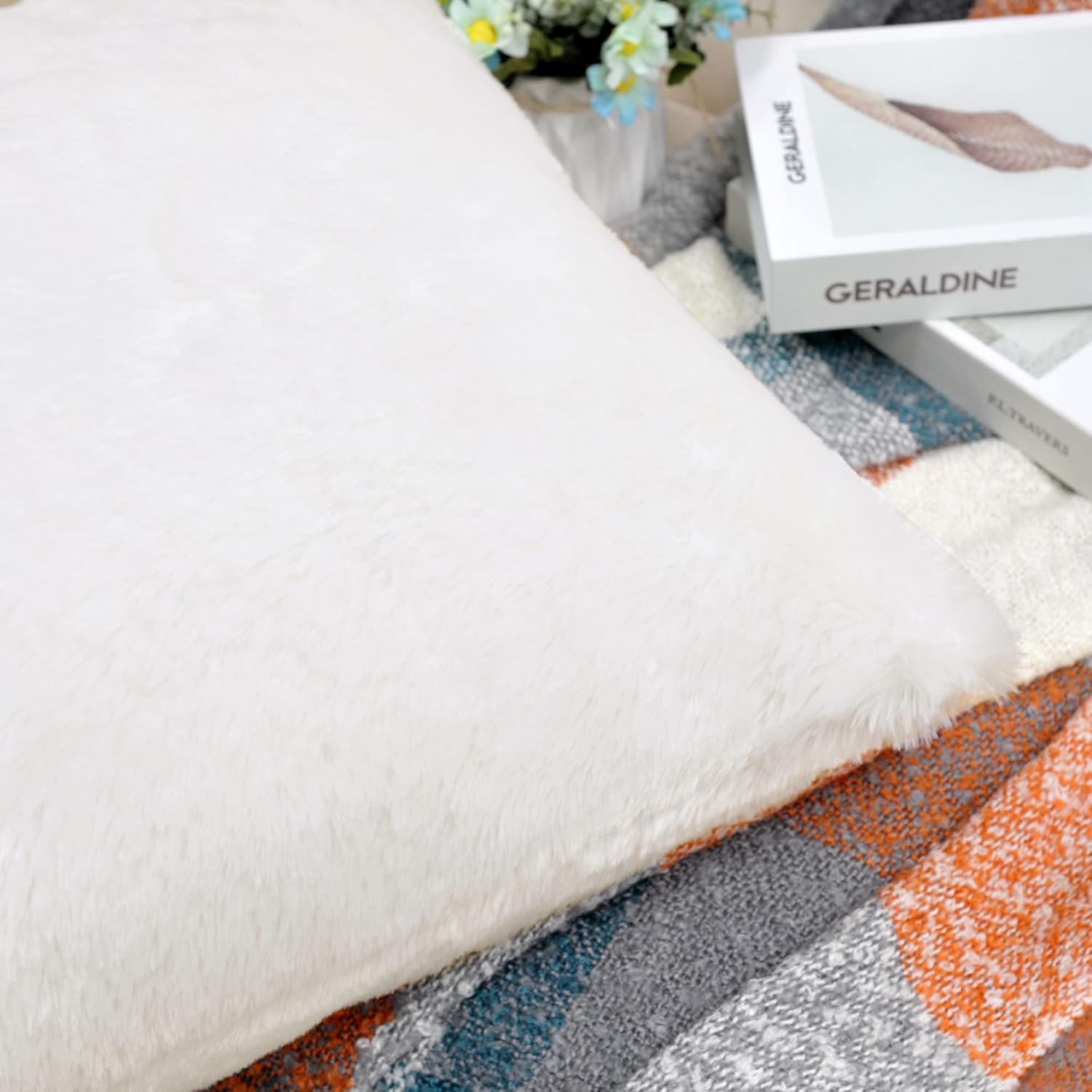 Faux Fur Decorative Square Throw Pillow Covers 20 x 20 Inches Set of 4, Plush Fluffy Fuzzy Soft Luxury Cushion Case Pillowcase for Couch Bed Car Bedroom Living Room, Egret