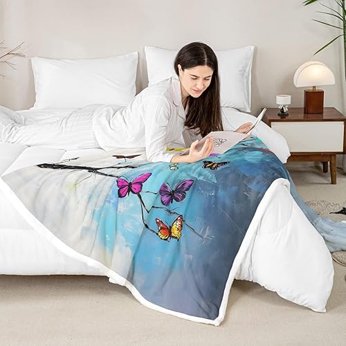 Miniatura 3 de Colorful Butterfly Fleece Flannel Blanket,Rustic Tree Butterflies Bed Sofa Couch Blanket,50"x60",Retro Blue Tie Dye Fuzzy Soft Fleece Throw Blankets