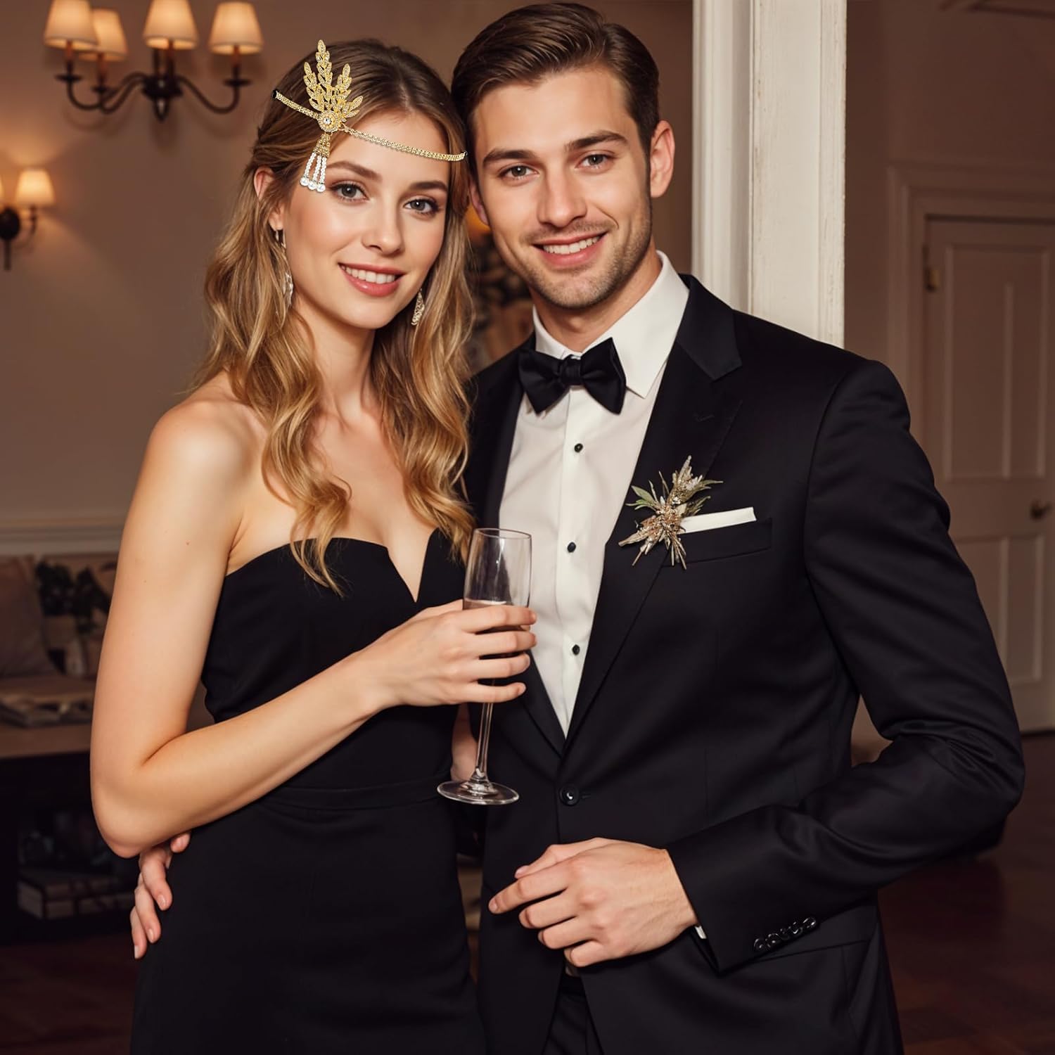 Yolev 1920's Flapper Headband Leaf Rhiestones Flapper Headpiece Pearl Tassel Head Bands Gold Headpiece Head Jewelry for Women Bride Wedding Parties Hair Accessories - Image 4