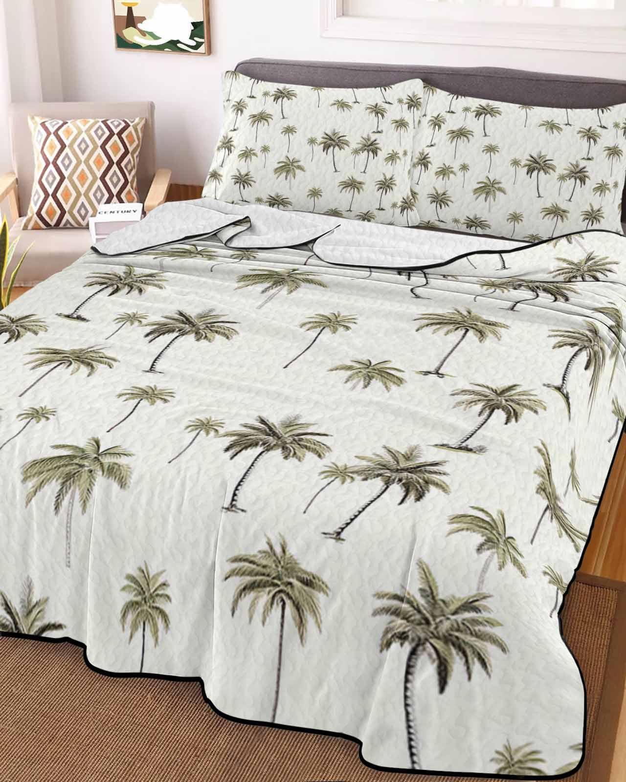 3-Piece Summer Quilt Twin XL Size, Palm Trees Lightweight Cooling Bedding Comforter Blanket with 2 Pillow Shams, Green Botanical Summer Tropical Plants Bedspreads Quilted Coverlet Sets 68