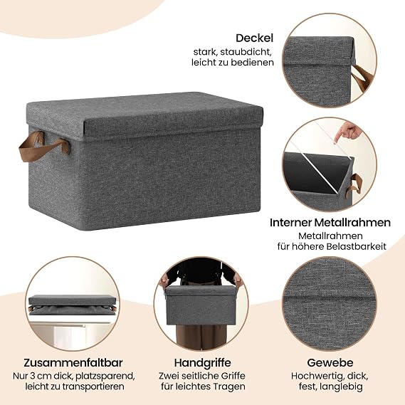 Woltu Storage Box with Lid Pack of 3 with Handles Grey 38 x 27 x 20 cm