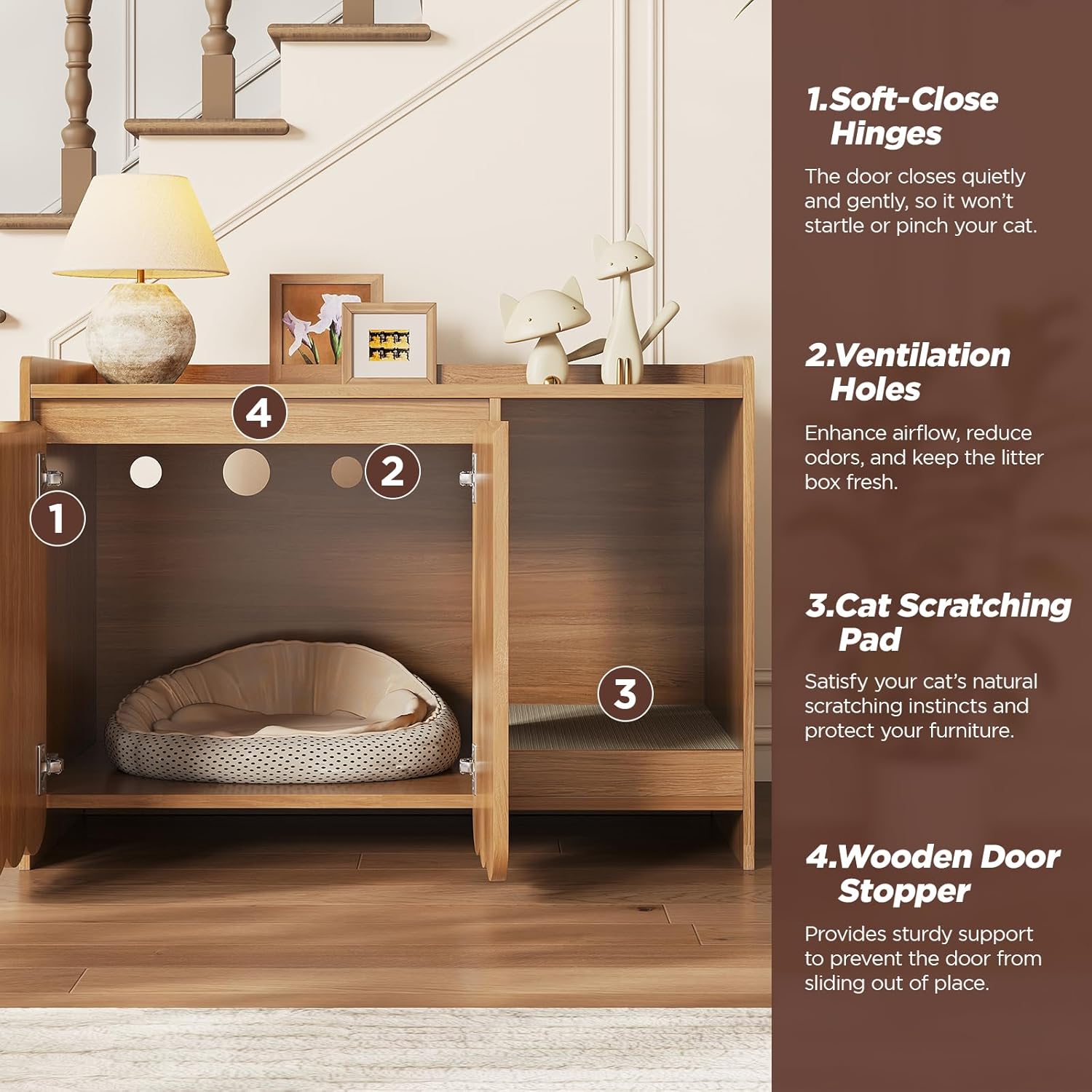 Cat Litter Box Enclosure with Scratch Pad, Hidden Litter Box with Soft-Close Hinges, Modern Fluted Cat Litter Box Furniture, Dog Proof Litter Box Cabinet, Side Table, Natural