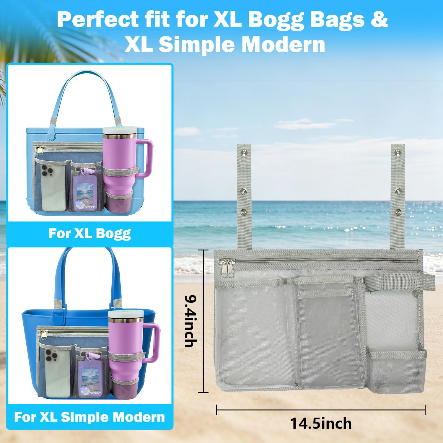 Mesh Pouch Organizer for XL Bogg Bag & Simple Modern Bag – Bogg Bag Accessories with Cup & Phone Holder Compatible with 30/40 oz Stanley, Fit XL Bog Beach Rubber Tote Bag, Gray