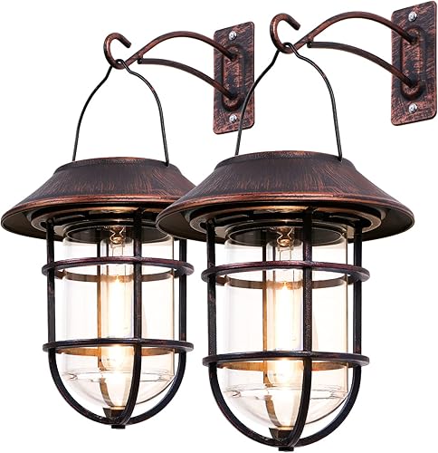 Farol solar colgante para exteriores, luces solares impermeables de metal para exteriores con vidrio transparente, bombillas LED Edison