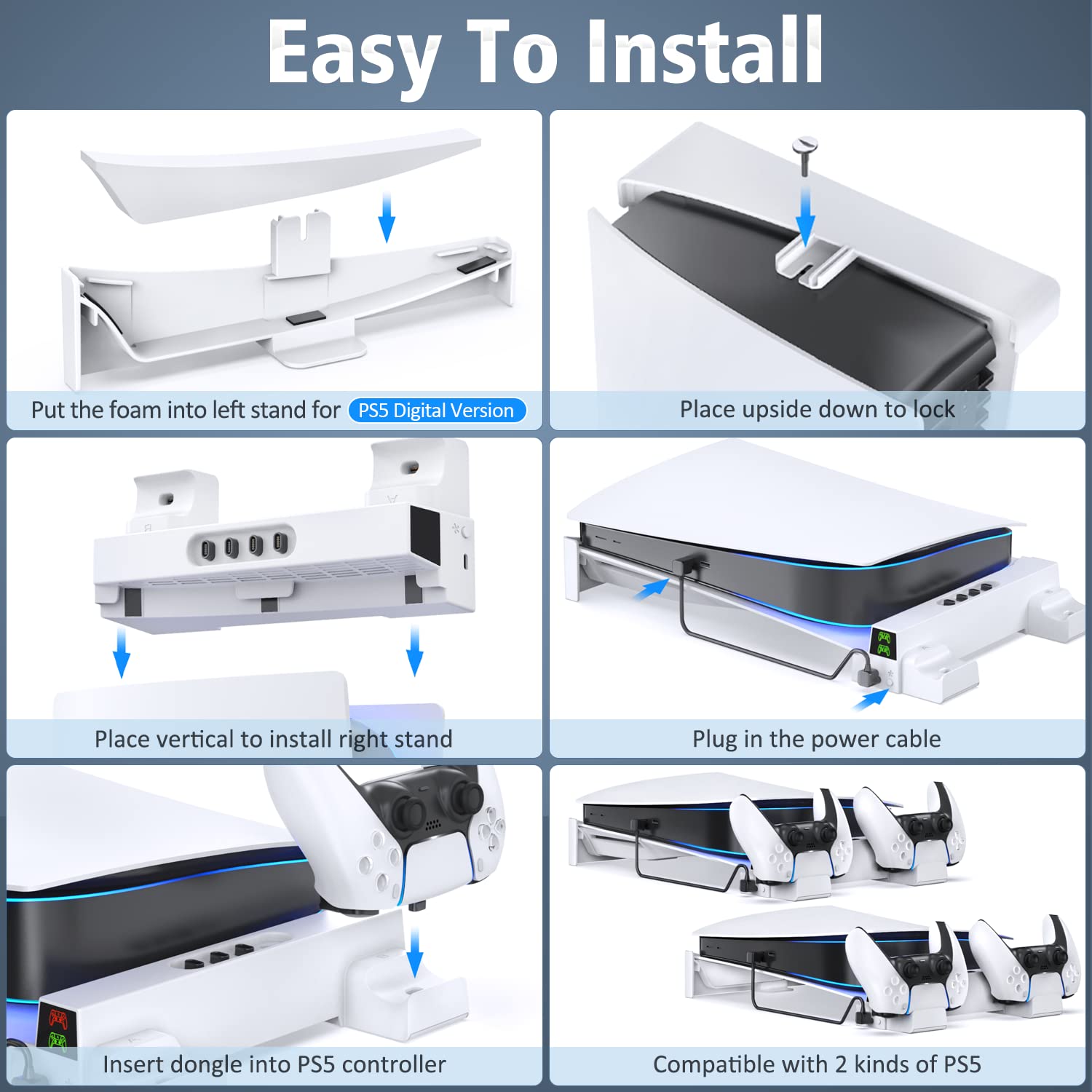 PS5 Support Horizontal avec Ventilateur de Refroidissement à 3 Niveaux, Support Horizontal PS5 et Chargeur Manette PS5, Station de Charge et Accessoire pour PlayStation 5