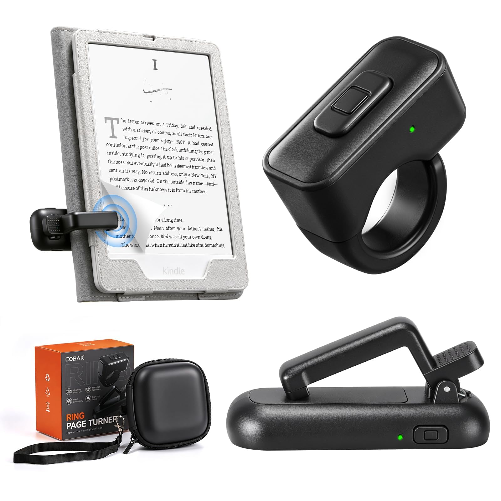 CoBak Page Turner Ring für iPhone, Kindle, Remote Page Turner für iPad & Tablets, Kobo & E-Readers, Kabelloser Fernauslöser für Fotos & Videos, mit Aufbewahrungstasche
